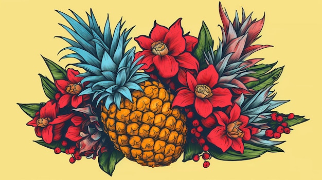 Photo a colorful pineapple and a red flower are on a yellow background.