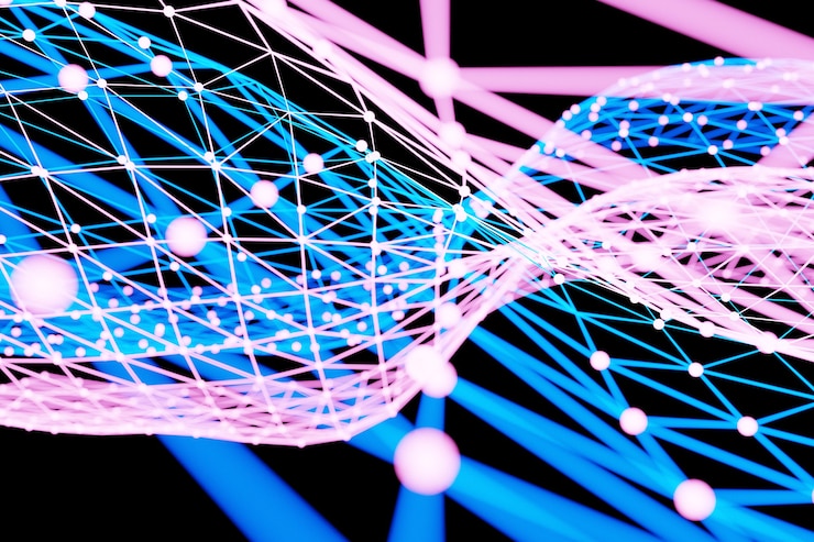Photo colorful pink and blueâ  neonâ  spiral lines.abstract background of blue neon glowing light shapes. bright stripes for poster, website, brochure, print.