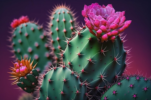 Colorful pink cactus on a green background AI generated