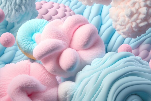 カラフルなピンクのふわふわ綿菓子背景ソフト色甘い綿菓子 AI 生成