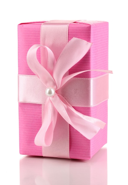 Colorful pink gift with bow isolated on white