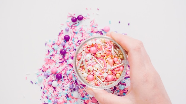 Colorful pink sprinkle blend on a white background.