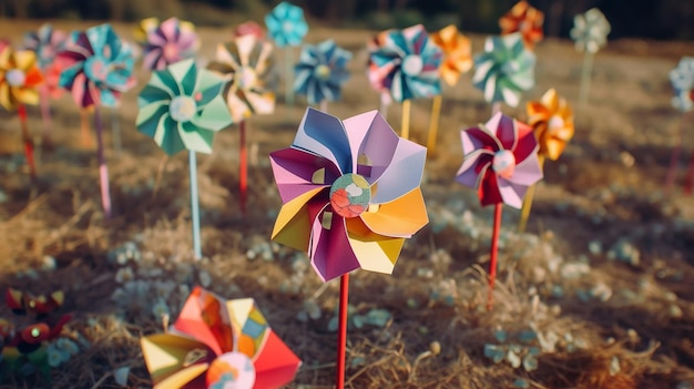 Photo colorful pinwheels in the field generative ai
