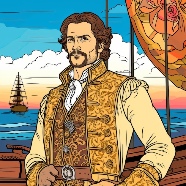 Foto illustrazione colorata di un pirata con dettagli di abbigliamento squisiti