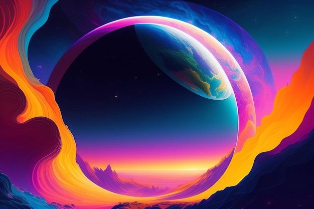 A colorful planet wallpaper with a planet and a moon