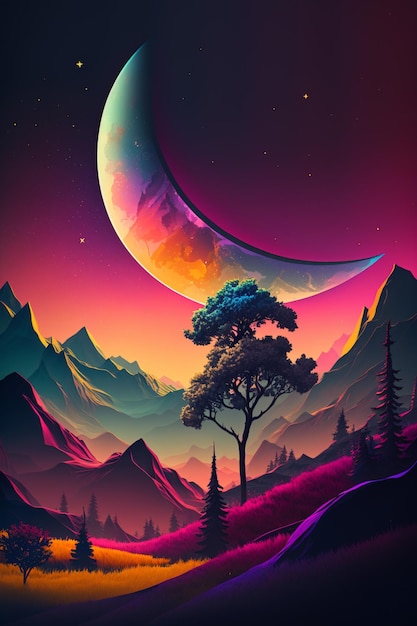 A colorful planet with a moon and mountains in the background.