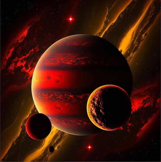 A colorful planet with red and yellow colors is in the background