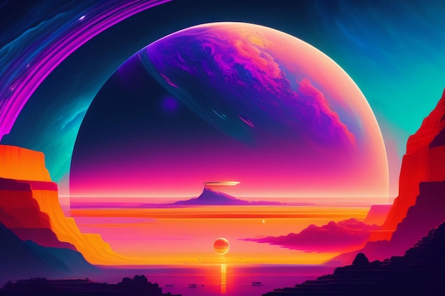 A colorful planet with a sunset on the horizon