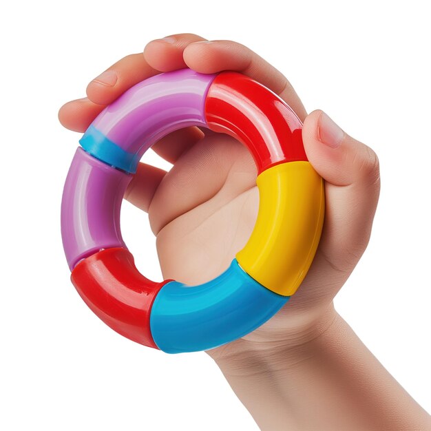 A colorful plastic baby toy in the hand isolated on a white or transparent background a round