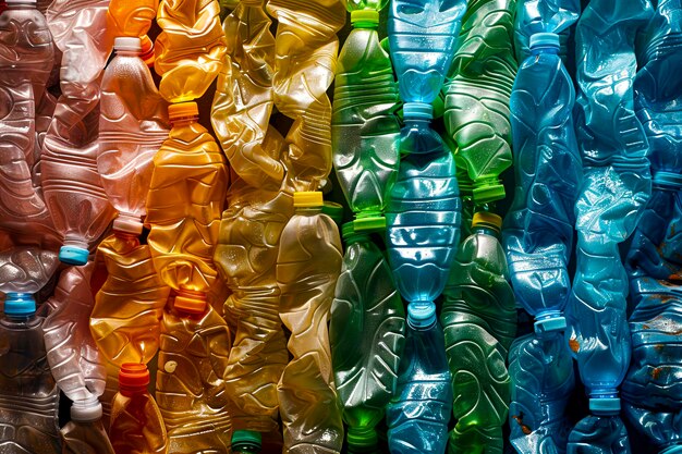 Foto bottiglie di plastica colorate impilate in una pila di riciclaggio un approccio creativo al riciclaggo della plastica creato con la tecnologia generative ai