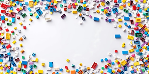 colorful plastic building blocks scattered on white background illustration