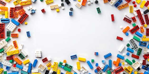 colorful plastic building blocks scattered on white background illustration