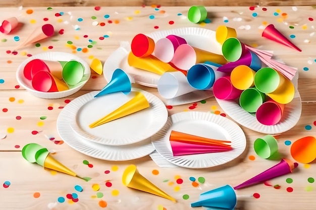 Colorful plastic cups on a table with colorful balloons and confetti.