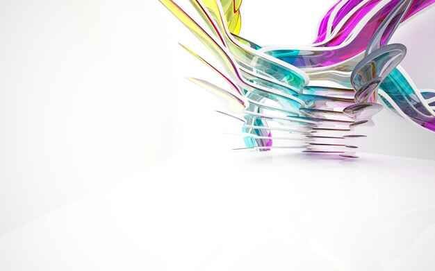 A colorful plastic fork is being held up by a white background