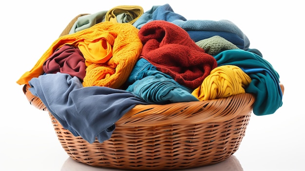 Photo colorful plastic laundry basket overflowing on white background