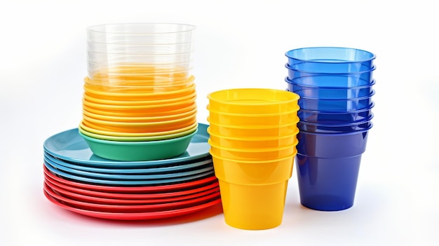 Foto piastre di plastica colorate impilate su uno sfondo bianco
