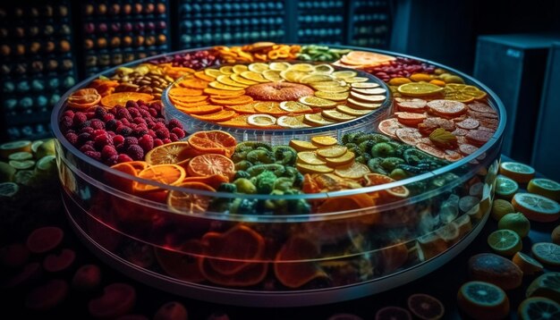 Photo a colorful plate of healthy snacks fruit veggies and nuts generated by ai