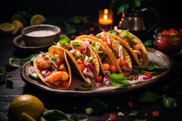 Colorful plate of Mexican style shrimp tacos with salsa and lime