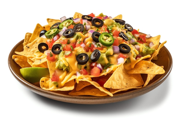 A colorful plate of nachos isolated white object