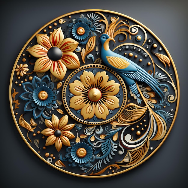 a colorful plate with a bird and flowers on it