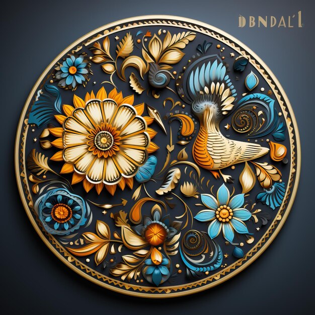 a colorful plate with a bird and flowers on it