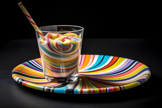 A colorful plate with a straw in it and a glass with a colorful striped design on it.