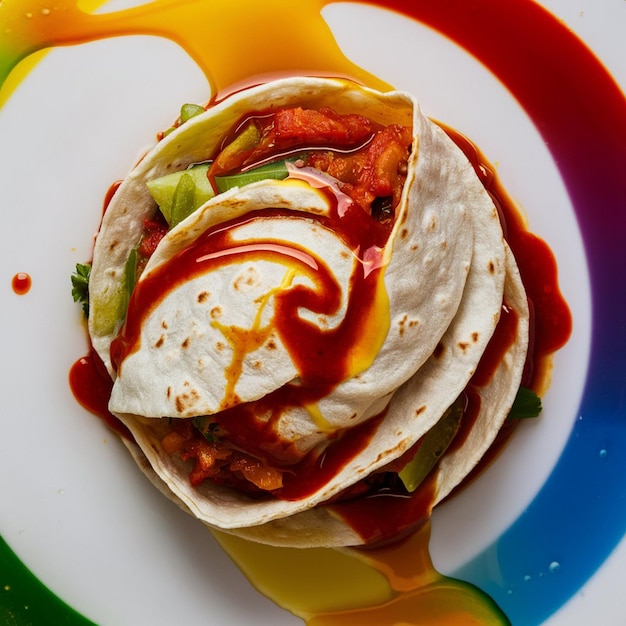 Photo a colorful plate with tacos and a rainbow colored sauce