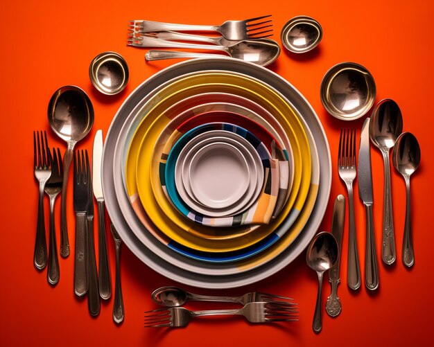 colorful plates and spoons arranged in a circle on an orange background