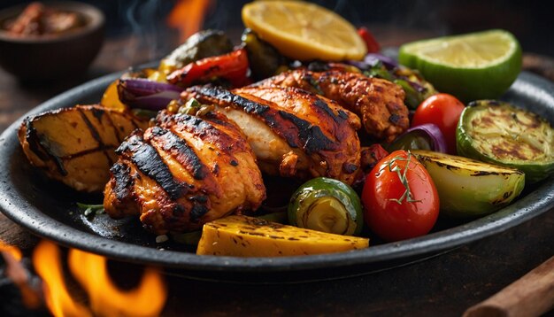 A colorful platter of Tandoori Chicken and vegetables with the focus on the tantalizing charred edge