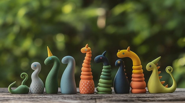 Colorful playful dinosaur toys arranged in a row outdoor background