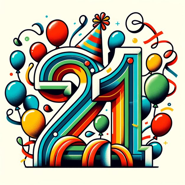 Foto un colorato e giocoso disegno grafico per un 21° compleanno con il numero 21 con cappelli da festa a palloncini e note musicali che incarnano un'atmosfera di festa gioiosa