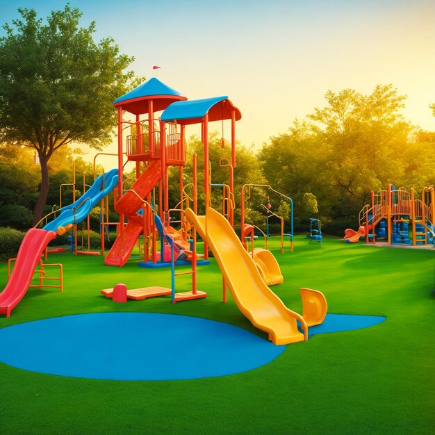 Colorful playground and sunset on yard in the park