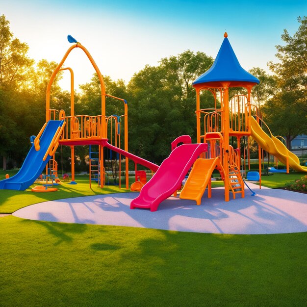 Colorful playground and sunset on yard in the park