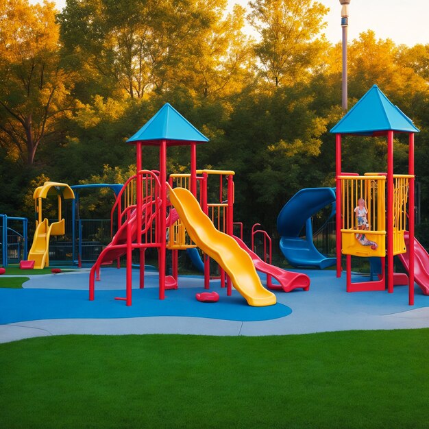 Colorful playground and sunset on yard in the park