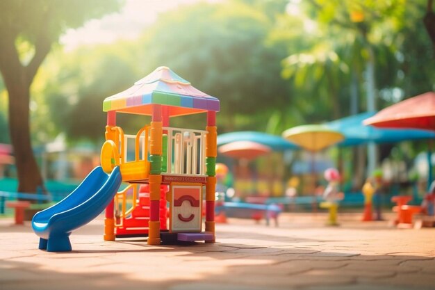 a colorful playground with a slide and colorful umbrellas