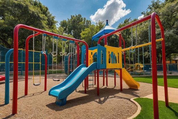 Colorful playground with slides and swings