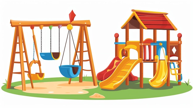 Photo a colorful playground with a swing set and a slide the swing set has two swings and the slide has two slides