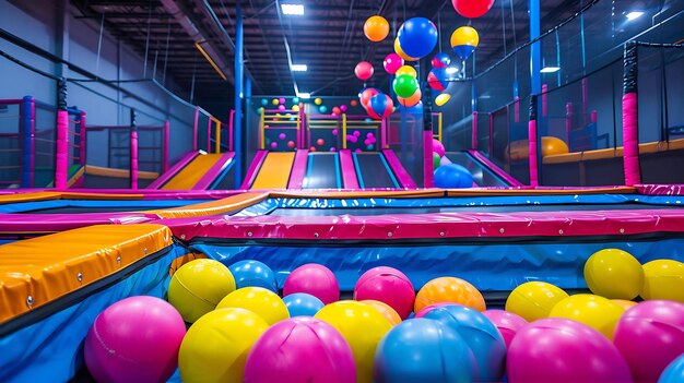 Colorful playground with trampolines ball pits and balloons The facility is clean modern and safe