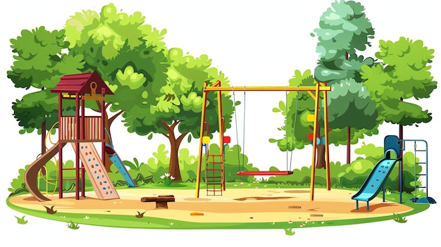 Photo a colorful playground with a variety of equipment including a slide a swing set a climbing wall and a sandbox