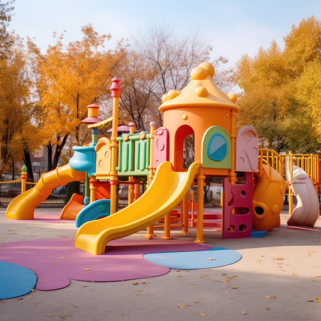 Colorful playground on yard in the park Modern kids playground in summer Urban area Generative Ai