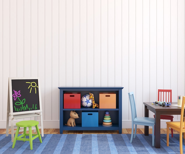 Photo colorful playroom interior. 3d render.