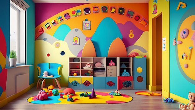 Фото Цветная игровая комната с интерактивными наклейками на стене и хранилищем игрушек