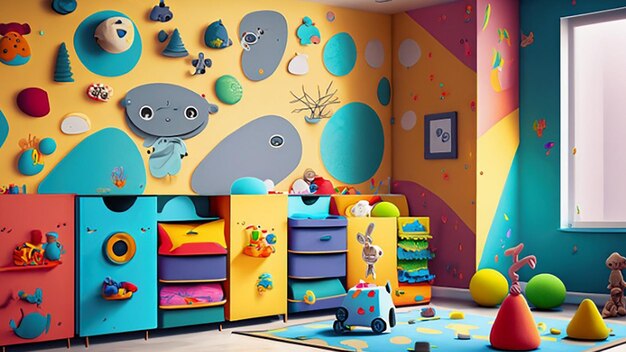 Colorful playroom with interactive wall decals and toy storage