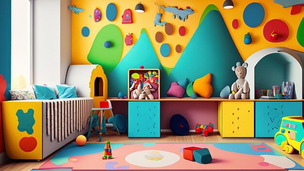 Colorful playroom with interactive wall decals and toy storage