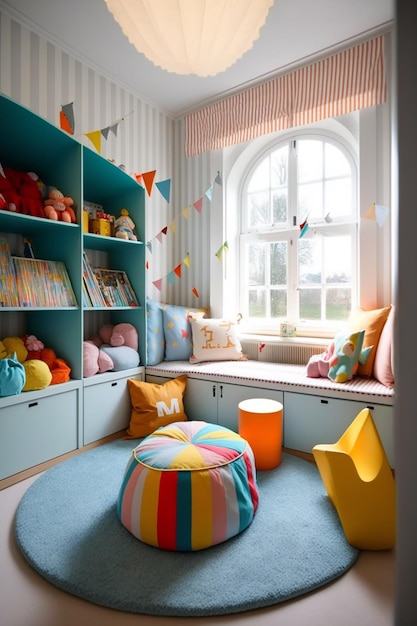 A colorful playroom with a window seat and a colorful cushion.