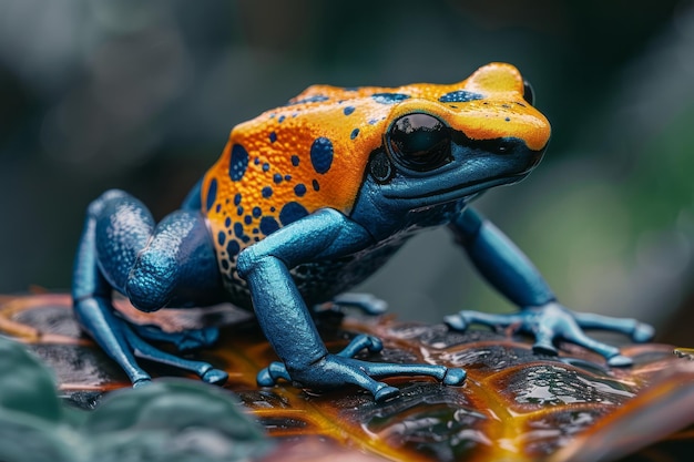Photo a colorful poison dart frog hopping along a wet leaf its vivid colors a stark warning