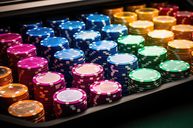 Photo colorful poker chips stacked neatly in casino tray