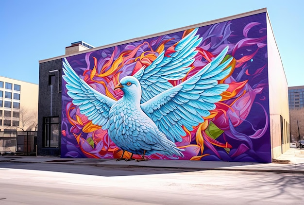 장난스러운 그래피티 스타일로 건물에 그려진  비둘기의 다채로운 폴라로이드 이미지