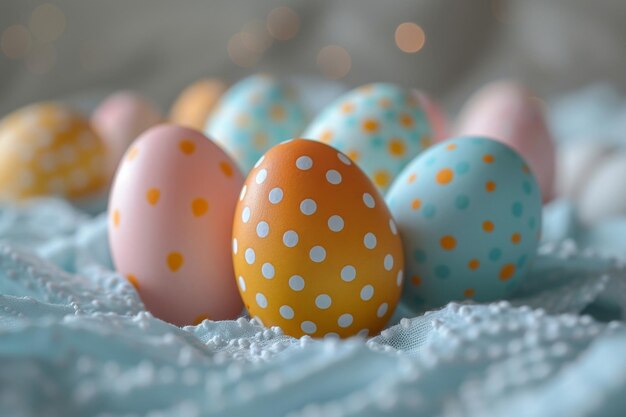 Photo colorful polka dot easter eggs on lace fabric