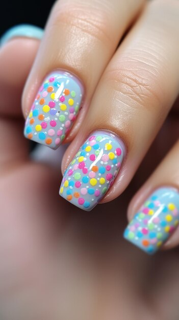 Colorful Polka Dot Nail Polish on Womans Hand